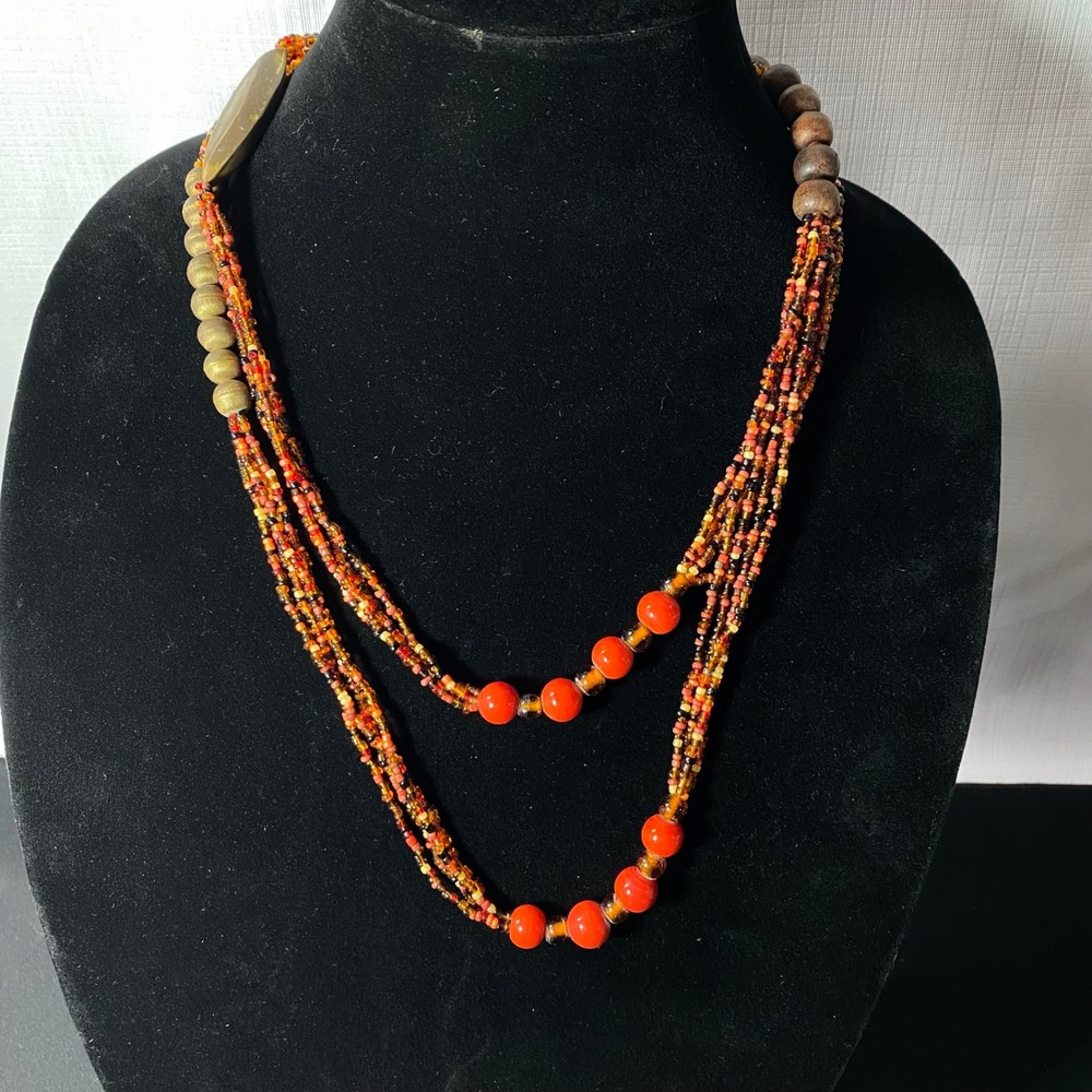 Bohemian Layered Beaded Necklace‎ Wood Beads Orange Red Gold Accent Statement